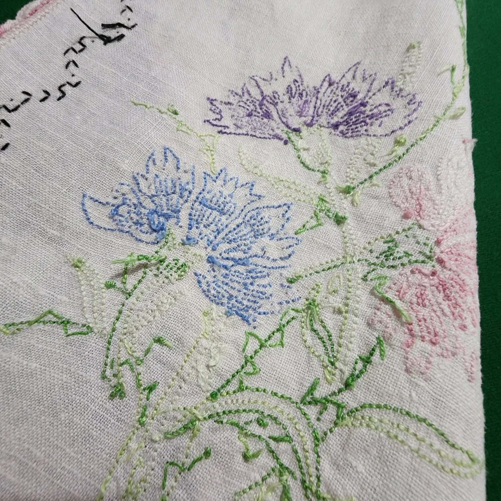 Vintage Hand Embroidered Linen Table Runner Floral Crochet Lace Trim 38x12